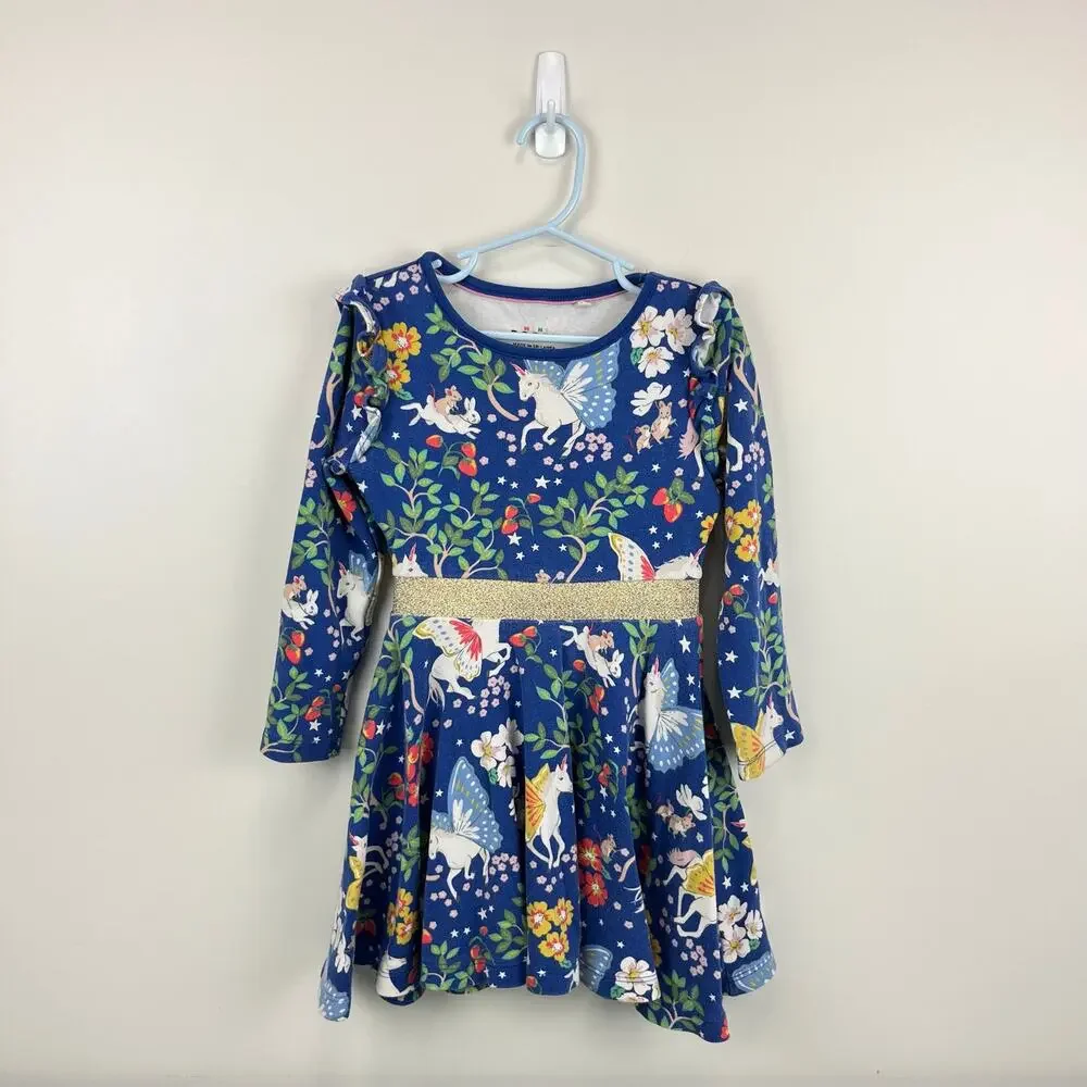 Mini Boden Mabel Fantasy Long Sleeve Cotton Twirly Dress Blue Unicorn 4-5